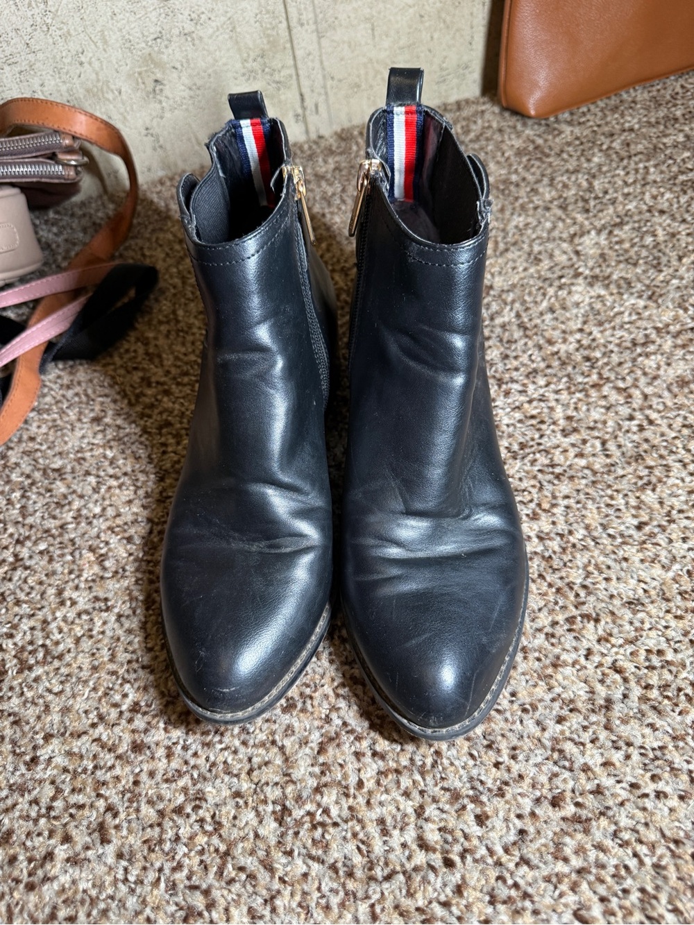 Tommy Hilfiger Black Leather Chelsea Ankle Boots with Red-White-Blue Heel Tab
